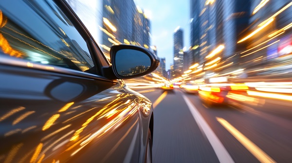 Close-up of a speeding car at night with blurred city lights and tall buildings creating a motion effect in the background.