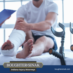 An injured man with a cast lying in a hospital bed after an accident in Warsaw, IN