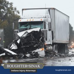 After a Warsaw truck accident, the semi-truck sits in the road with its front bumper destroyed