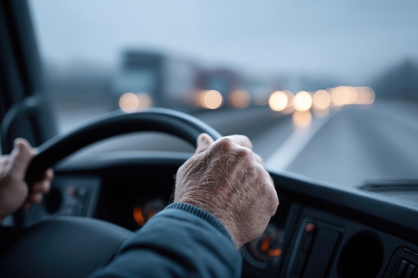 A close-up, first-person view from the driver's seat of a semi-truck, showing a hand on the steering wheel while driving toward blurred headlights on a highway at dusk.