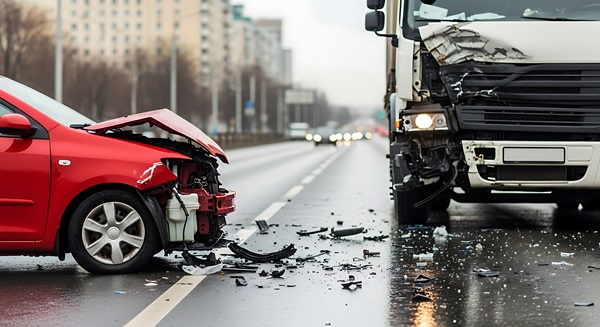 A red sedan with a crushed front end and a white semi-truck with significant front-side damage facing each other on a wet Indiana highway following a serious collision.