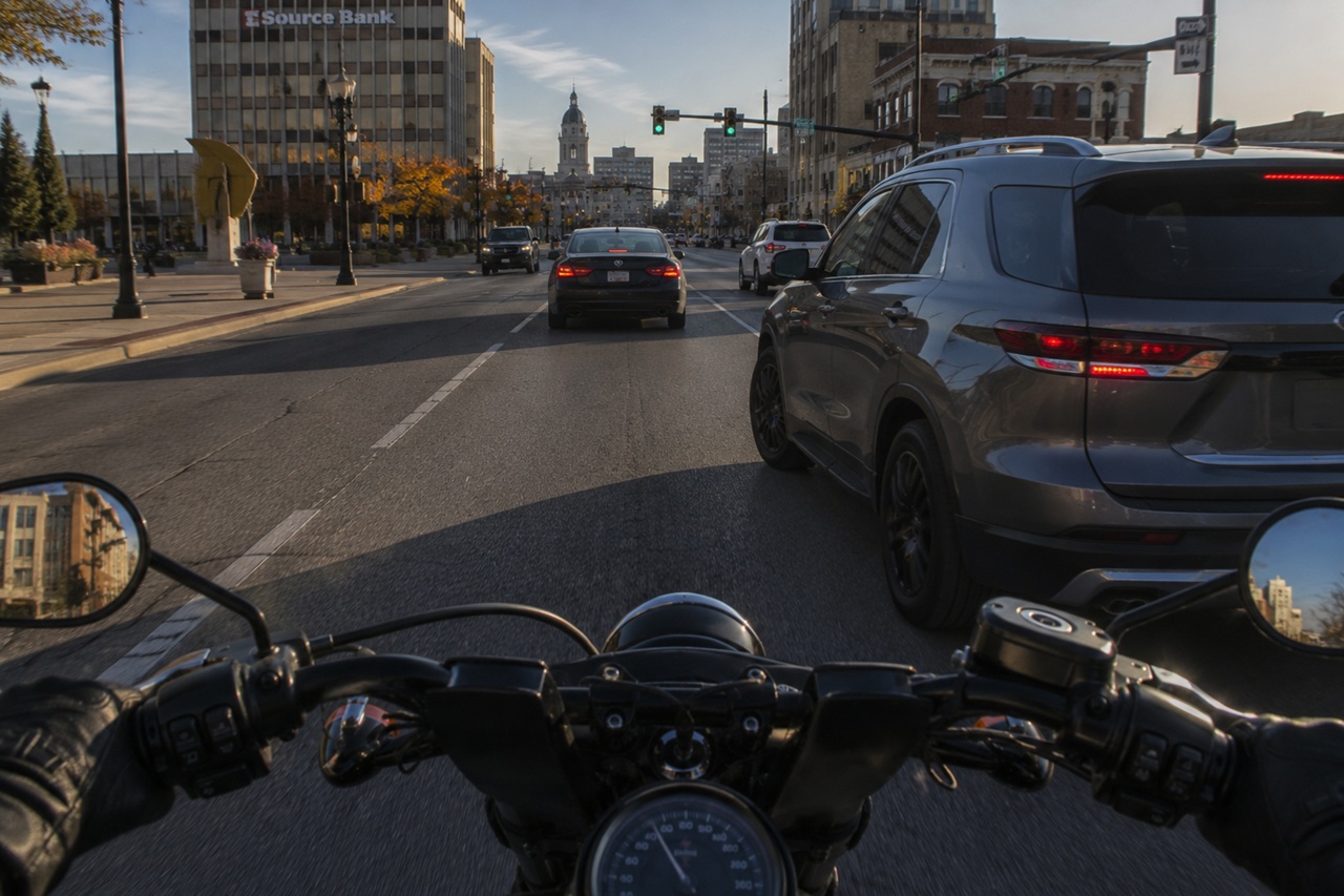 A first-person perspective of a motorcyclist riding through a busy Indiana city street during late afternoon, showing the rider positioned closely behind an SUV in multi-lane traffic, which highlights the common hazards and high-traffic motorcycle accident risks in urban environments.