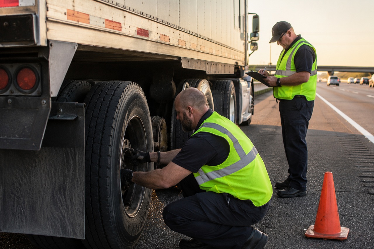 A Department of Transportation (DOT) officer squats on the shoulder of a busy highway to inspect the dual tires and brake system of a commercial semi-trailer, while a second officer stands nearby writing on a clipboard behind an orange safety cone.