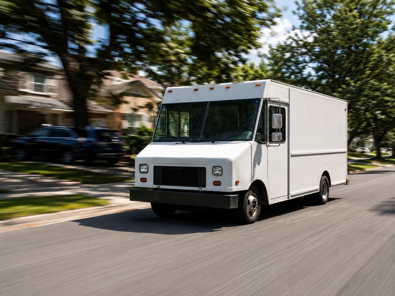 A white step-van delivery truck driving down a sunny, tree-lined residential street past suburban homes, representing parcel carrier safety hazards, delivery truck crashes involving Amazon, UPS, or FedEx, and commercial vehicle accident injury claims in Indiana.