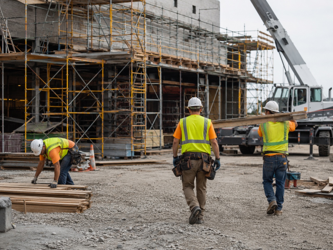 Construction workers carrying lumber and working near scaffolding and a crane on an Indiana jobsite, illustrating the hazardous conditions that can lead to a spinal cord injury on a construction site.