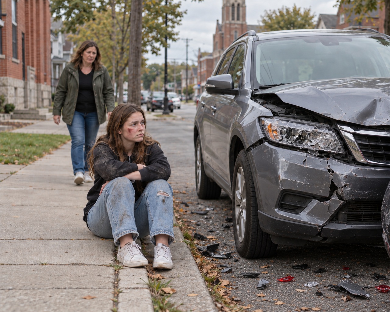 Teen driver with a scraped cheek sitting on a curb beside a crash-damaged SUV as a parent approaches on a Fort Wayne street.